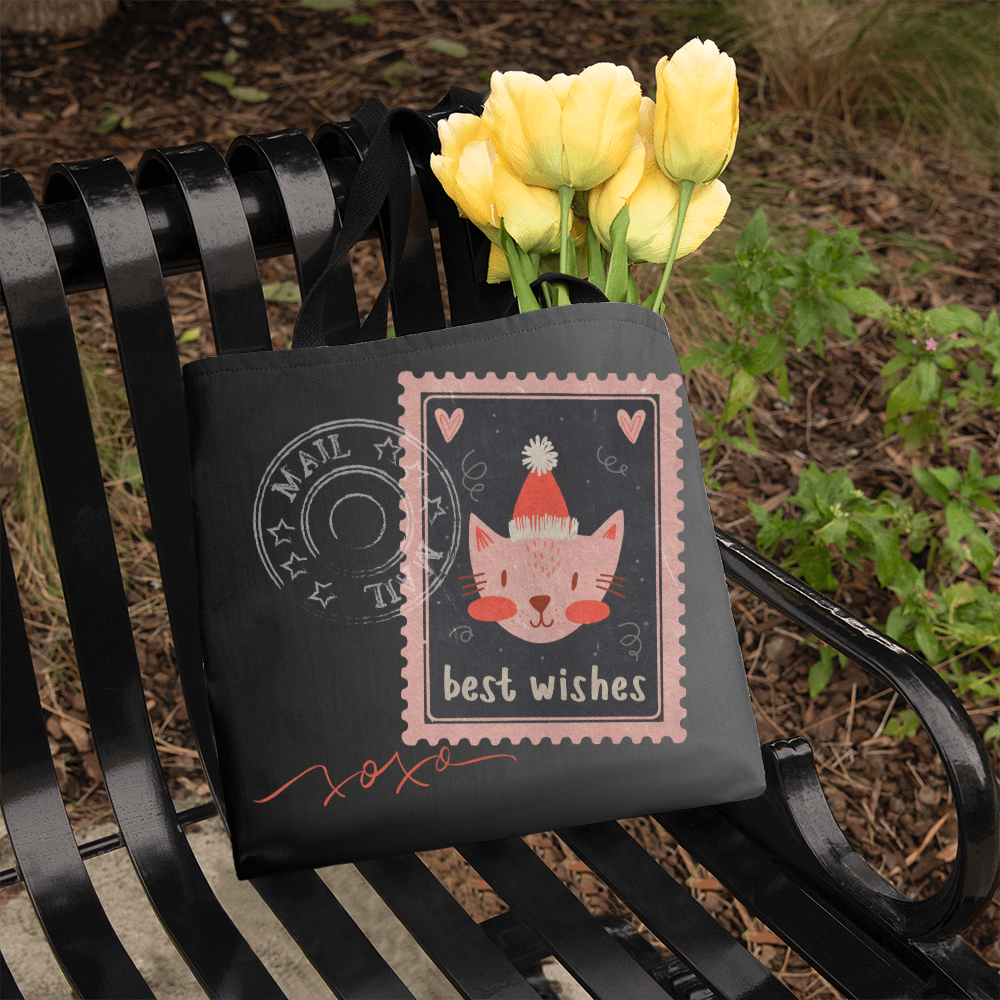 "Classic Tote Bag" with delightful post-stamp cat images and best wishes text. -HLTBCT 701