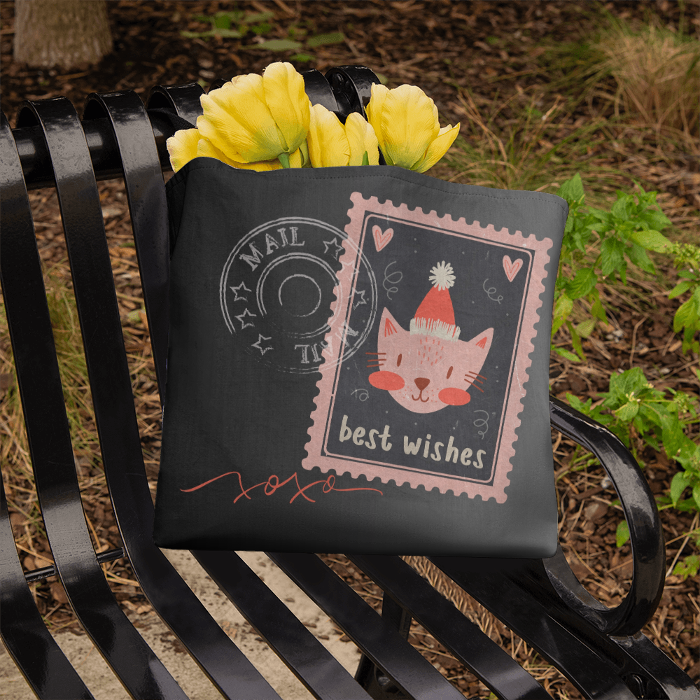 "Classic Tote Bag" with delightful post-stamp cat images and best wishes text. -HLTBCT 701