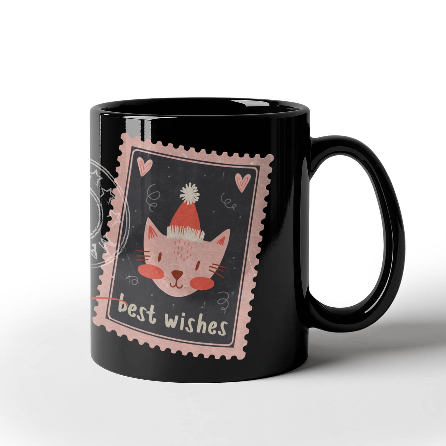 Black Ceramic Mug with delightful post-stamp cat images and 'best wishes' text. -HLMGCT 701