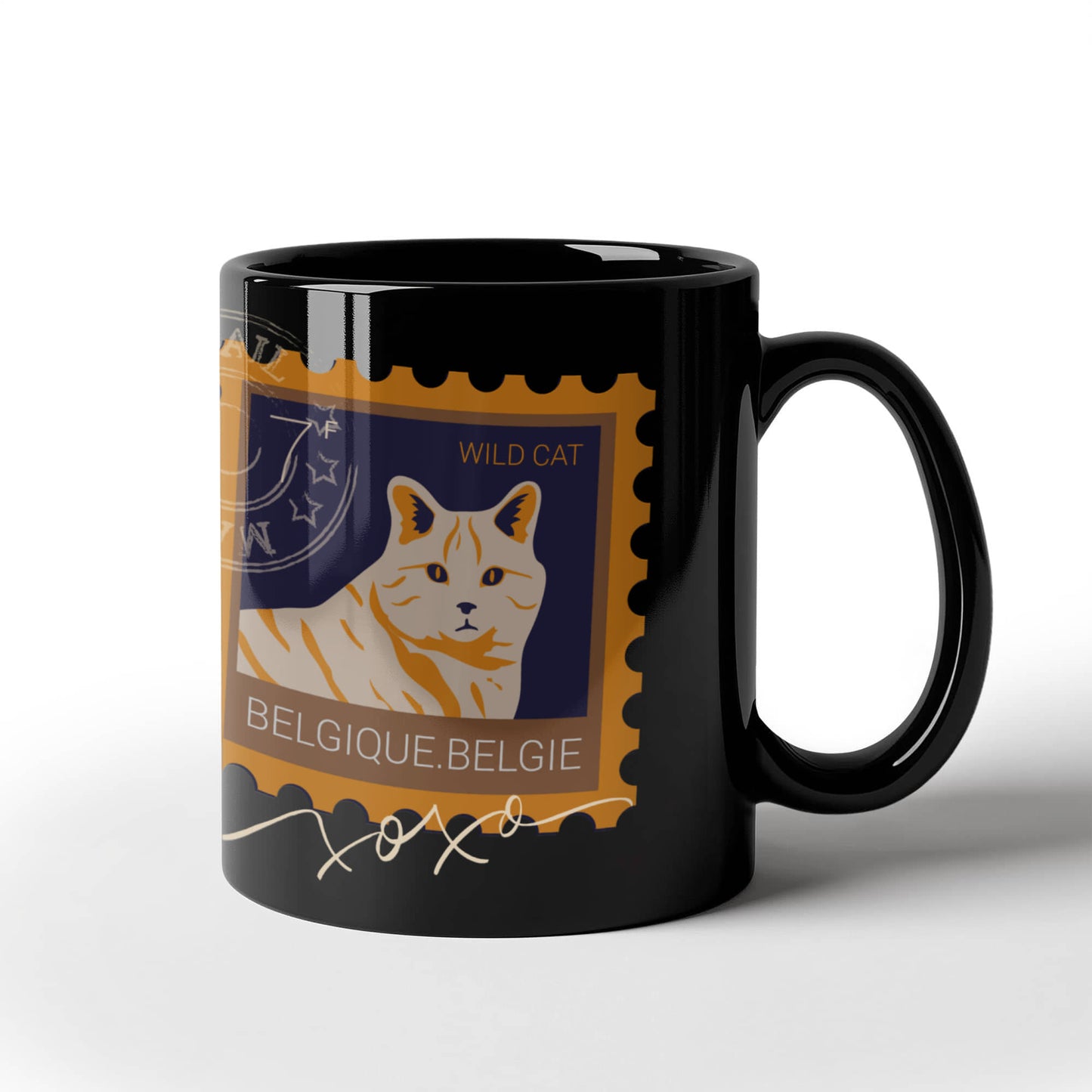 "Black Ceramic Mug with delightful post-stamp cat images and 'xoxo' texts." -HLMGCT 702