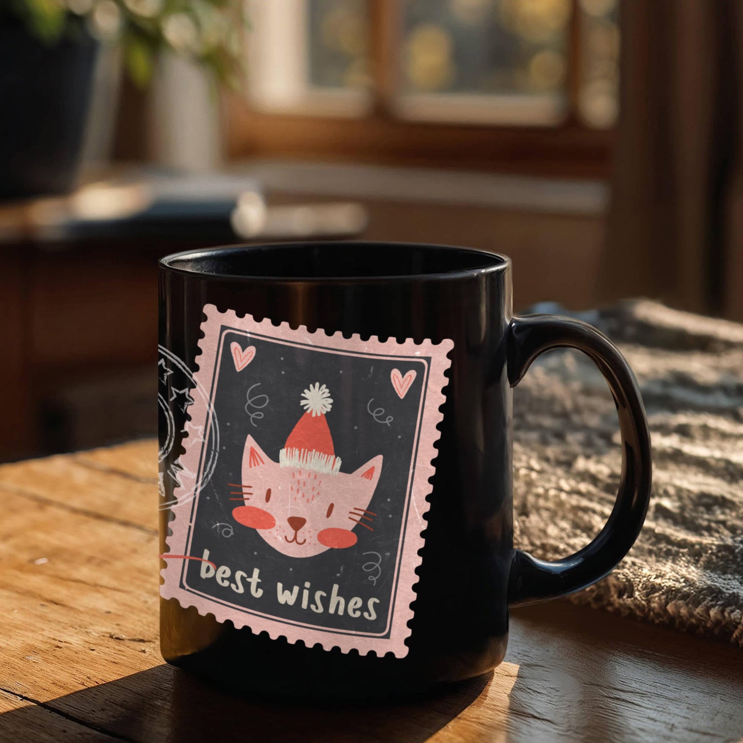 Black Ceramic Mug with delightful post-stamp cat images and 'best wishes' text. -HLMGCT 701