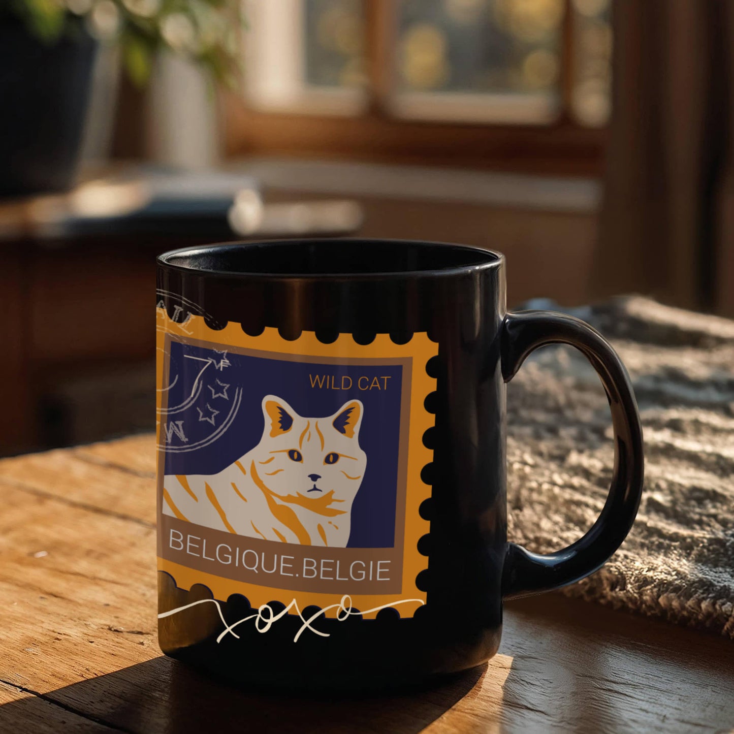 "Black Ceramic Mug with delightful post-stamp cat images and 'xoxo' texts." -HLMGCT 702