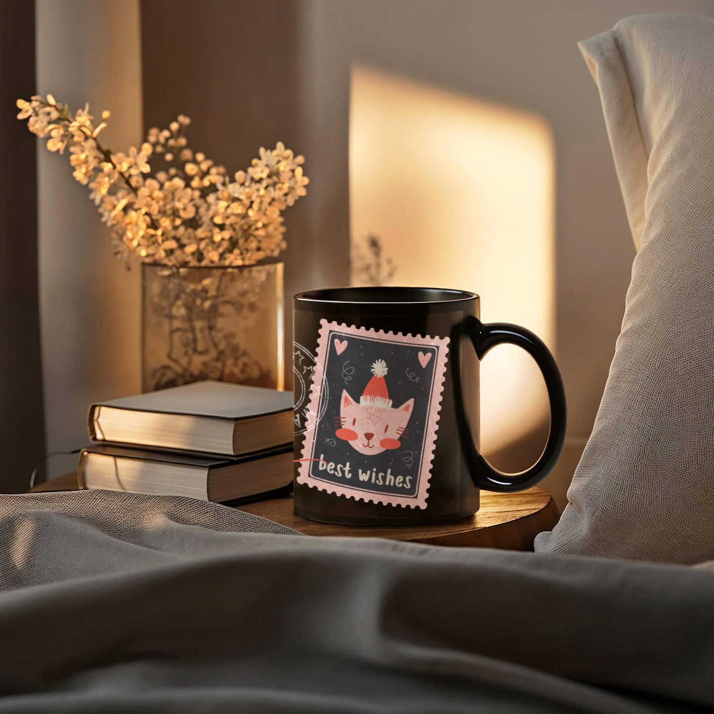 Black Ceramic Mug with delightful post-stamp cat images and 'best wishes' text. -HLMGCT 701