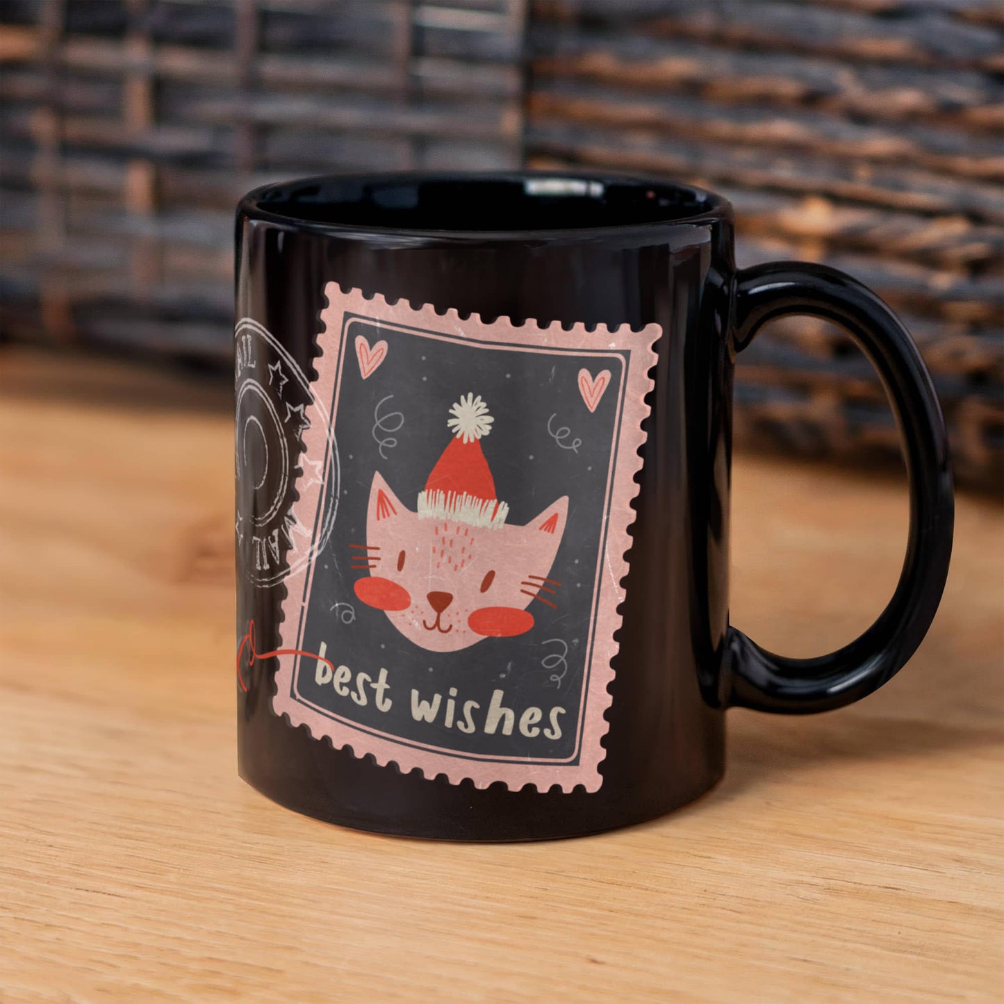 Black Ceramic Mug with delightful post-stamp cat images and 'best wishes' text. -HLMGCT 701