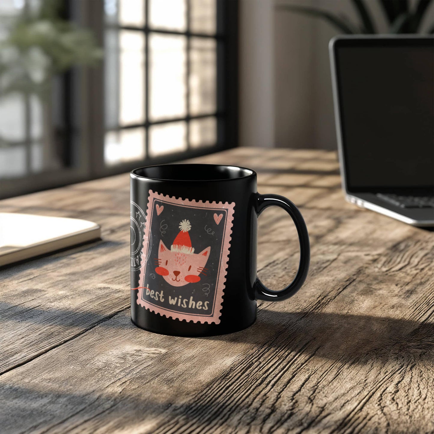 Black Ceramic Mug with delightful post-stamp cat images and 'best wishes' text. -HLMGCT 701