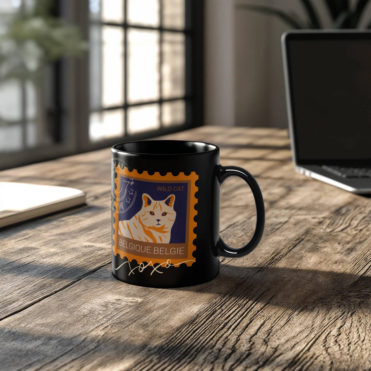 "Black Ceramic Mug with delightful post-stamp cat images and 'xoxo' texts." -HLMGCT 702