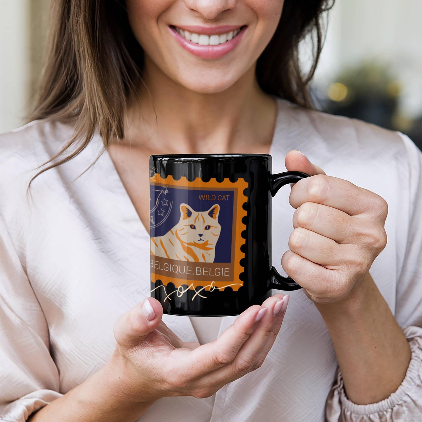 "Black Ceramic Mug with delightful post-stamp cat images and 'xoxo' texts." -HLMGCT 702