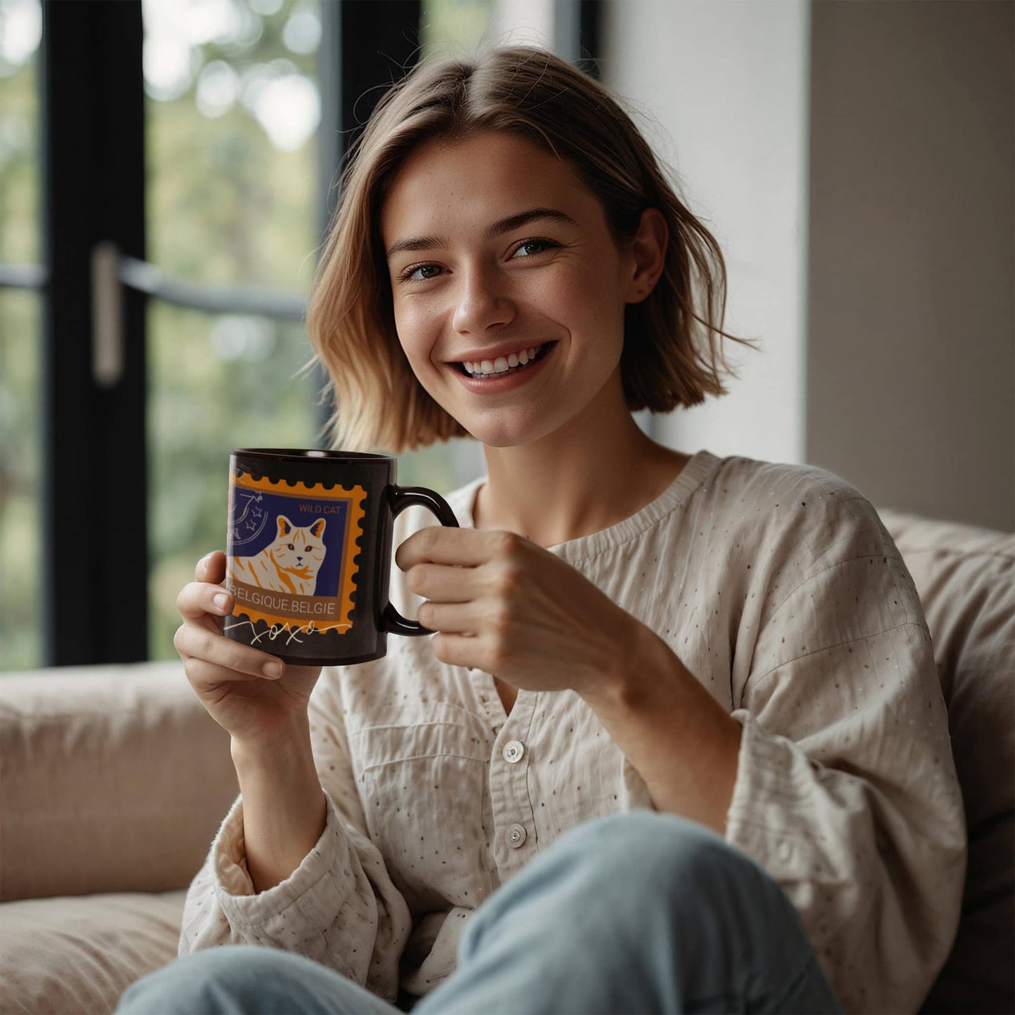 "Black Ceramic Mug with delightful post-stamp cat images and 'xoxo' texts." -HLMGCT 702