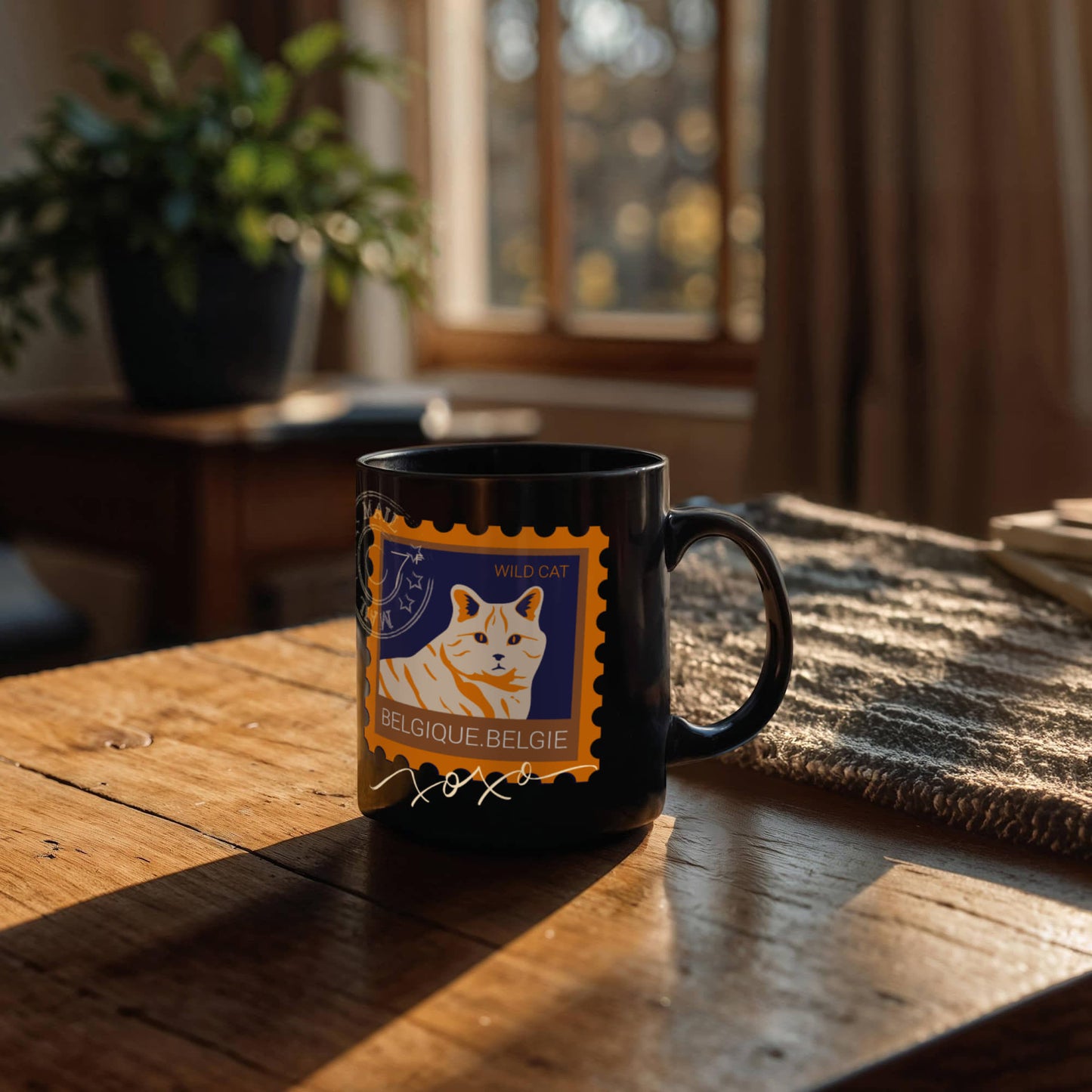 "Black Ceramic Mug with delightful post-stamp cat images and 'xoxo' texts." -HLMGCT 702