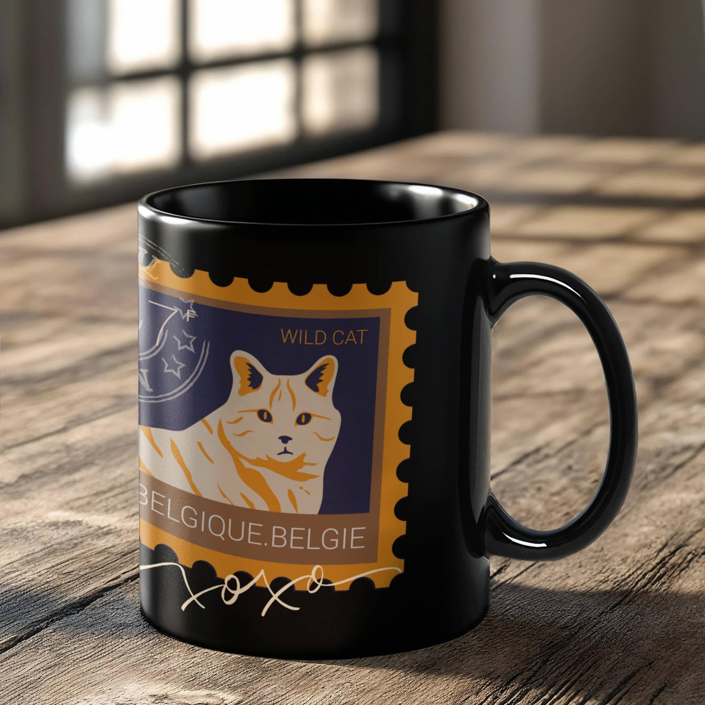 "Black Ceramic Mug with delightful post-stamp cat images and 'xoxo' texts." -HLMGCT 702