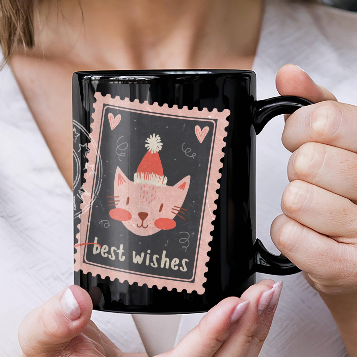 Black Ceramic Mug with delightful post-stamp cat images and 'best wishes' text. -HLMGCT 701