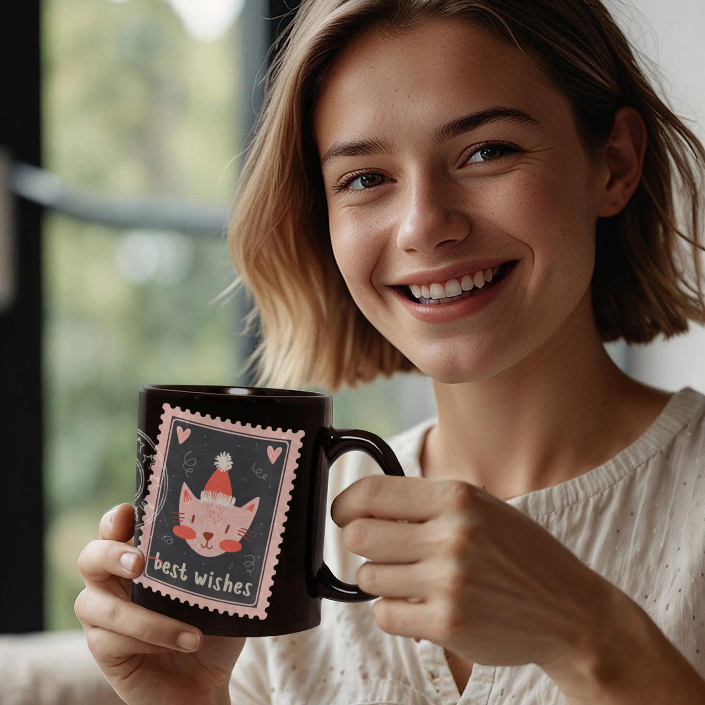 Black Ceramic Mug with delightful post-stamp cat images and 'best wishes' text. -HLMGCT 701