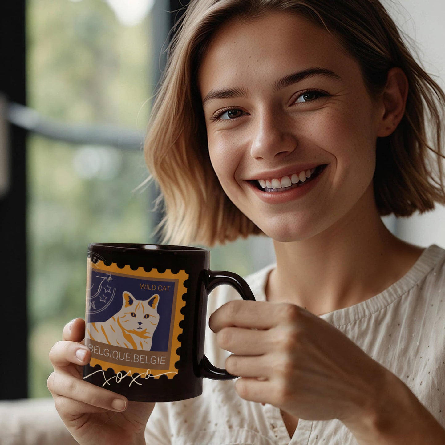 "Black Ceramic Mug with delightful post-stamp cat images and 'xoxo' texts." -HLMGCT 702