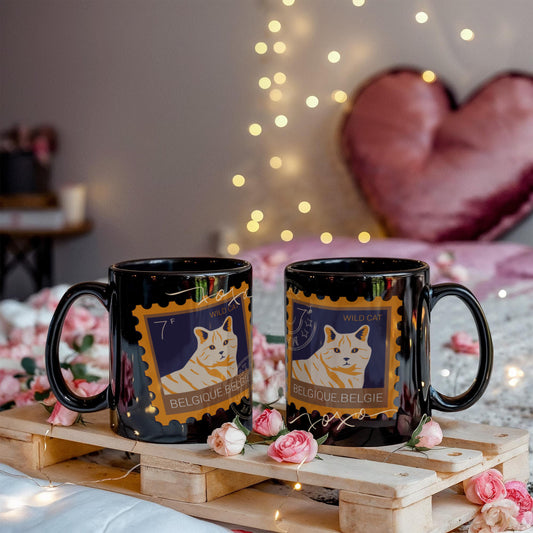 "Black Ceramic Mug with delightful post-stamp cat images and 'xoxo' texts." -HLMGCT 702