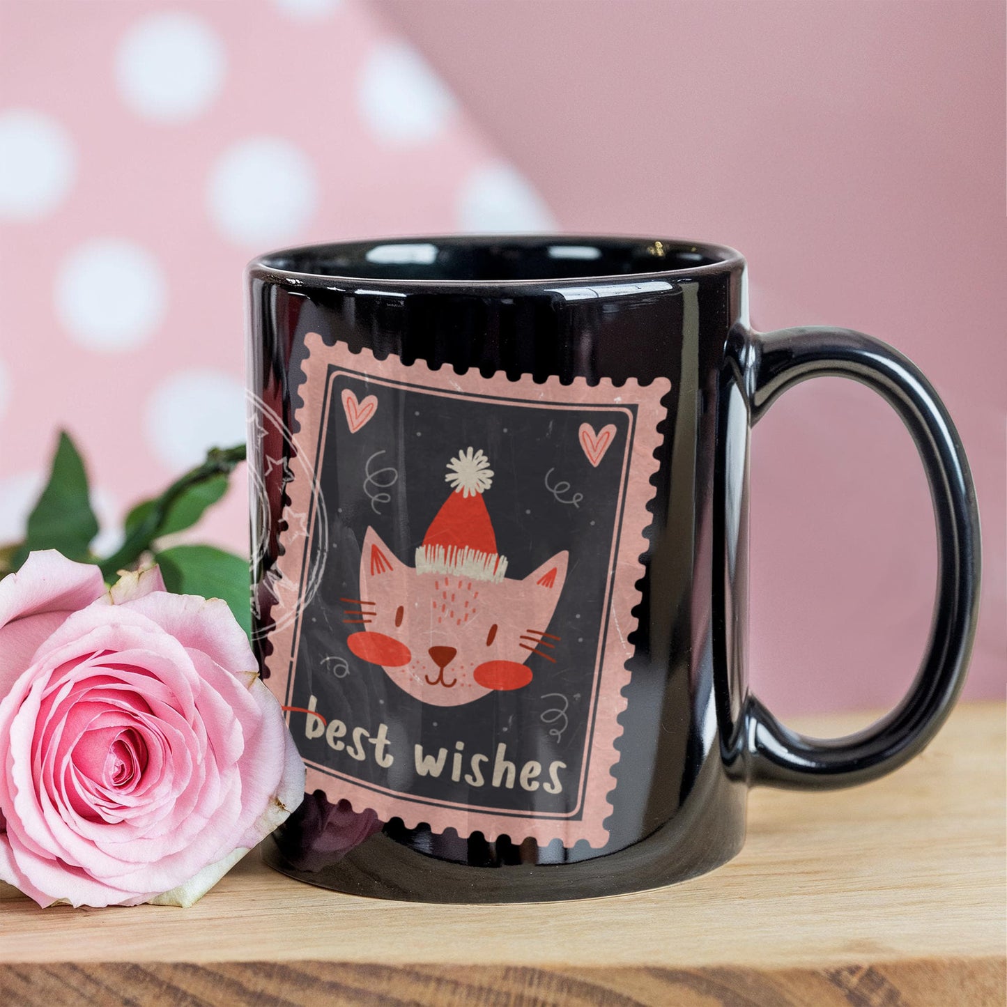 Black Ceramic Mug with delightful post-stamp cat images and 'best wishes' text. -HLMGCT 701