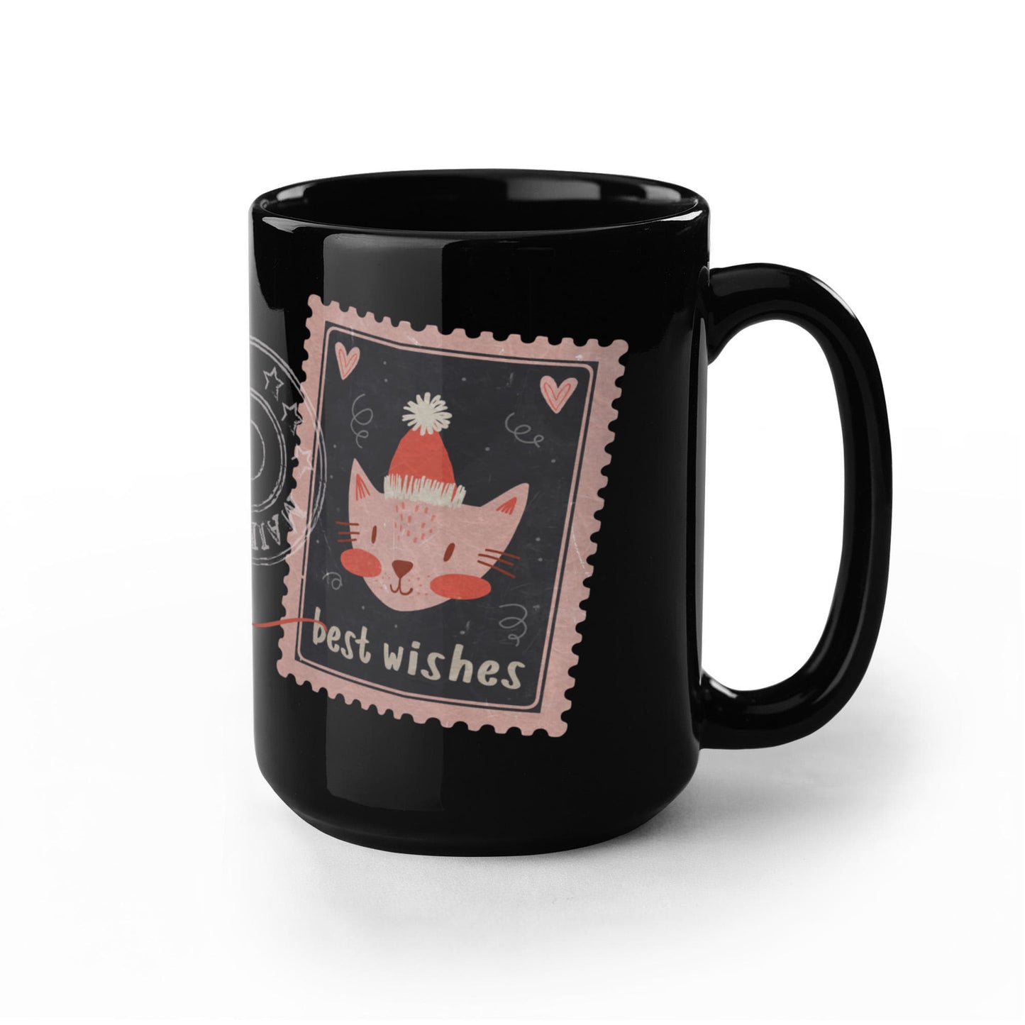 Black Ceramic Mug with delightful post-stamp cat images and 'best wishes' text. -HLMGCT 701