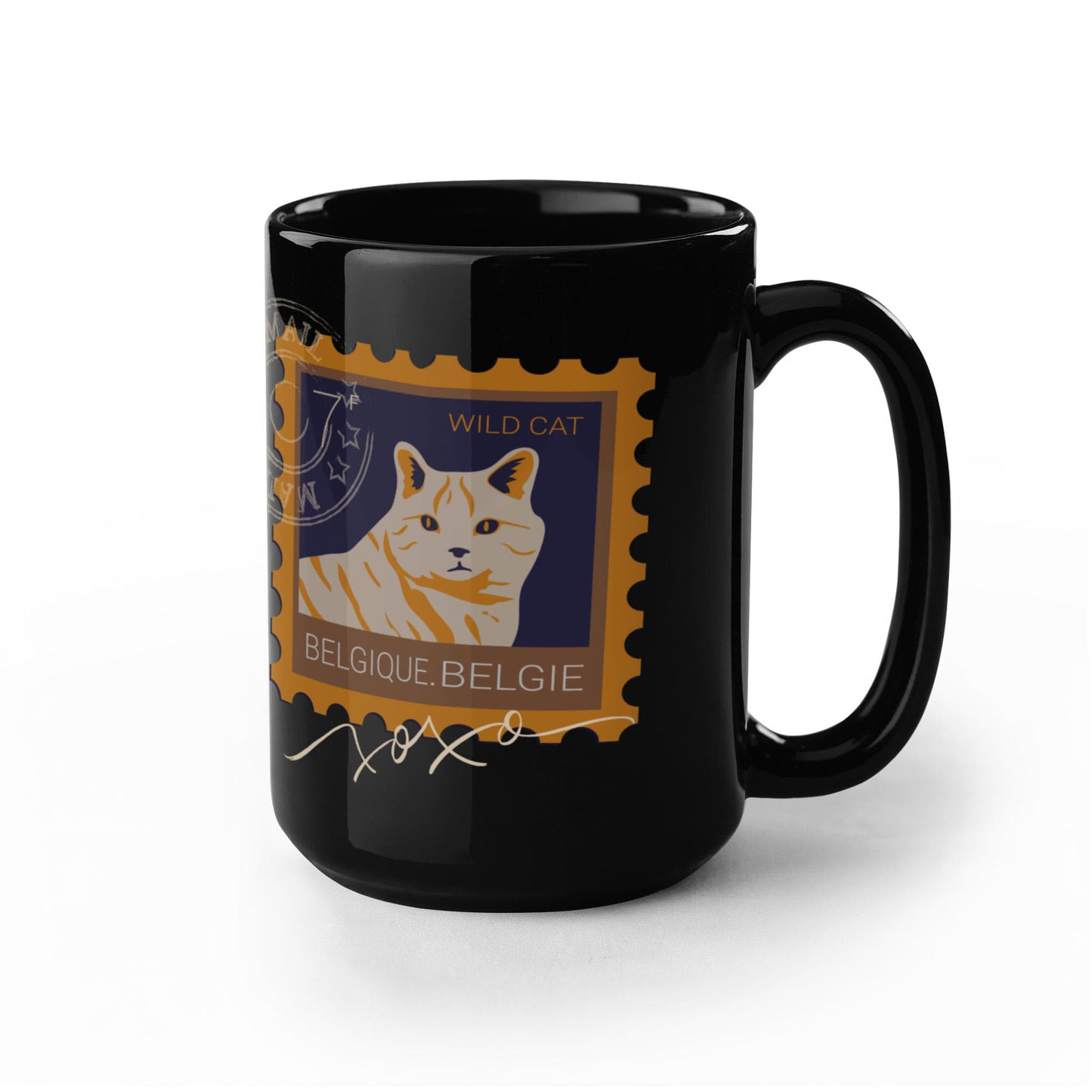 "Black Ceramic Mug with delightful post-stamp cat images and 'xoxo' texts." -HLMGCT 702