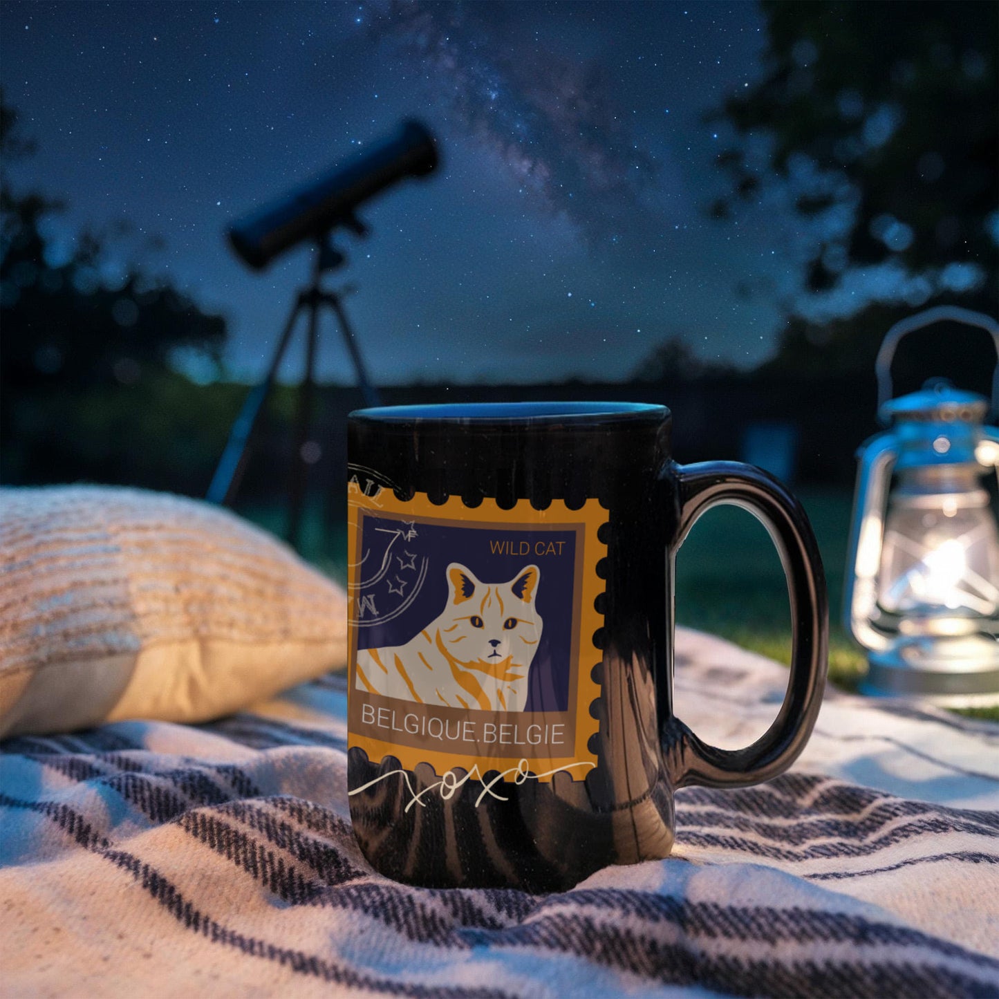 "Black Ceramic Mug with delightful post-stamp cat images and 'xoxo' texts." -HLMGCT 702