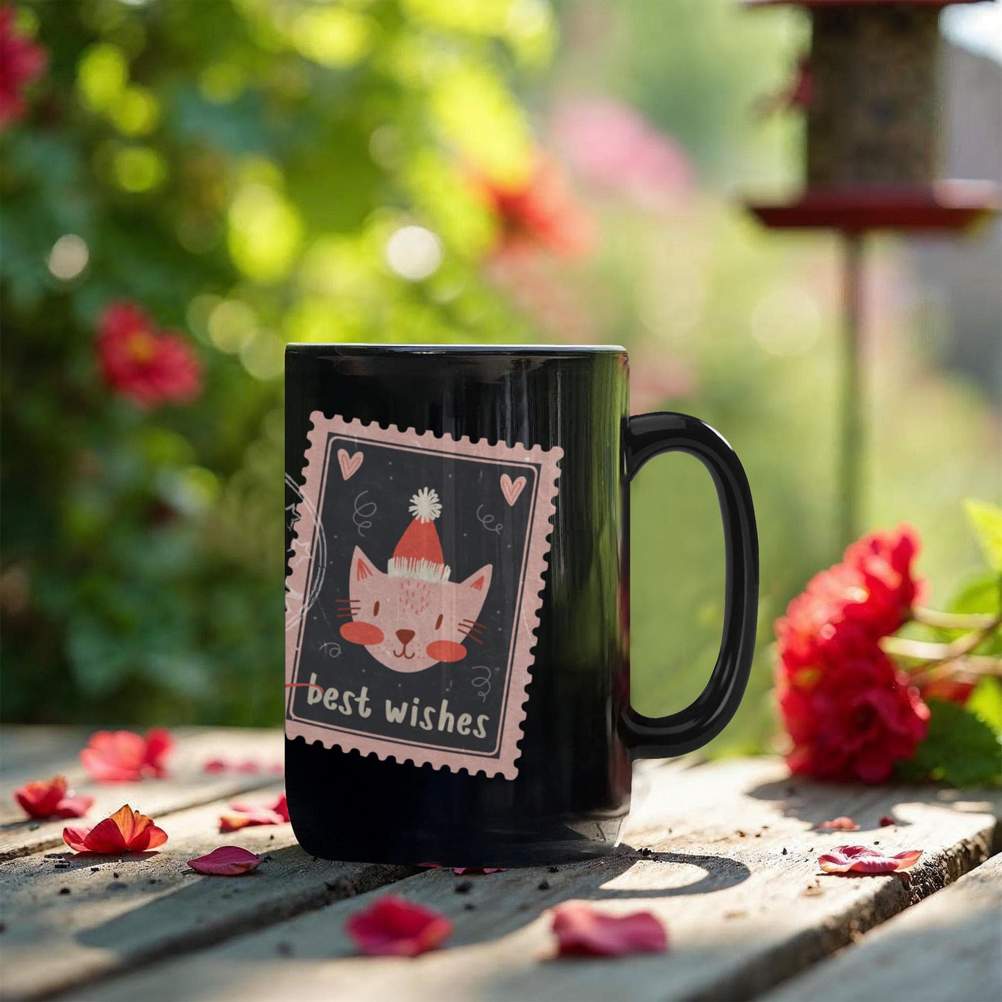 Black Ceramic Mug with delightful post-stamp cat images and 'best wishes' text. -HLMGCT 701