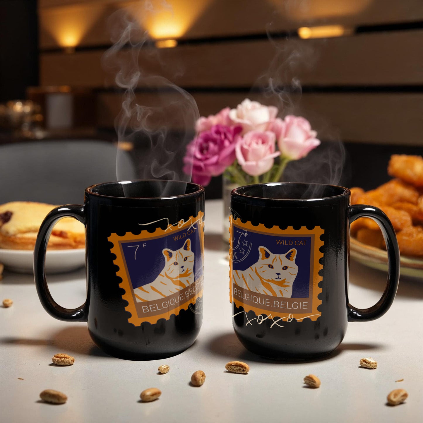 "Black Ceramic Mug with delightful post-stamp cat images and 'xoxo' texts." -HLMGCT 702