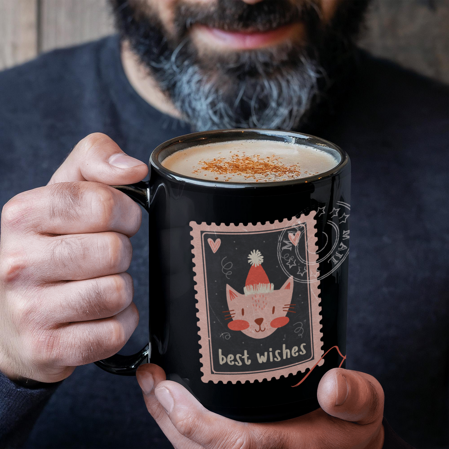 Black Ceramic Mug with delightful post-stamp cat images and 'best wishes' text. -HLMGCT 701