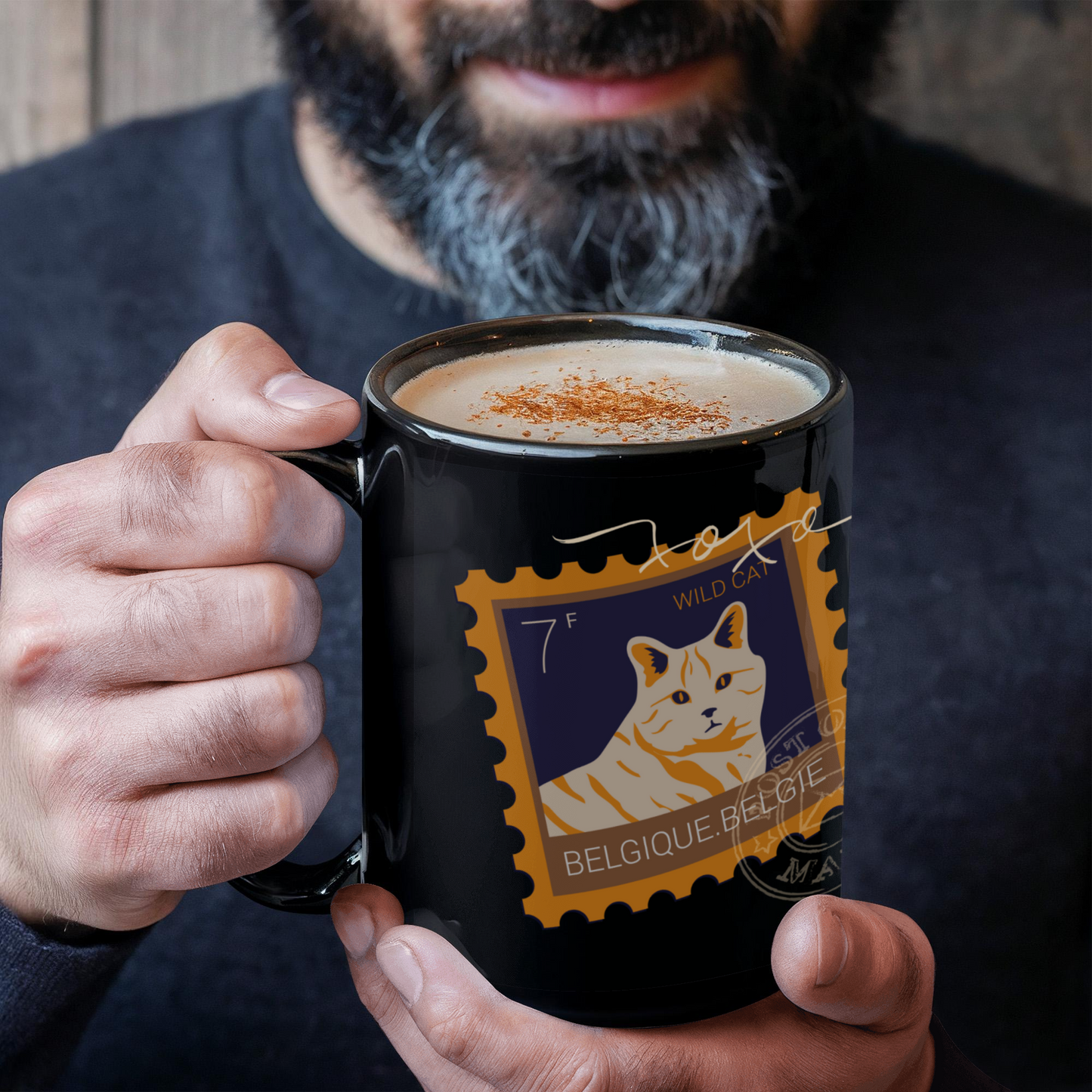 "Black Ceramic Mug with delightful post-stamp cat images and 'xoxo' texts." -HLMGCT 702